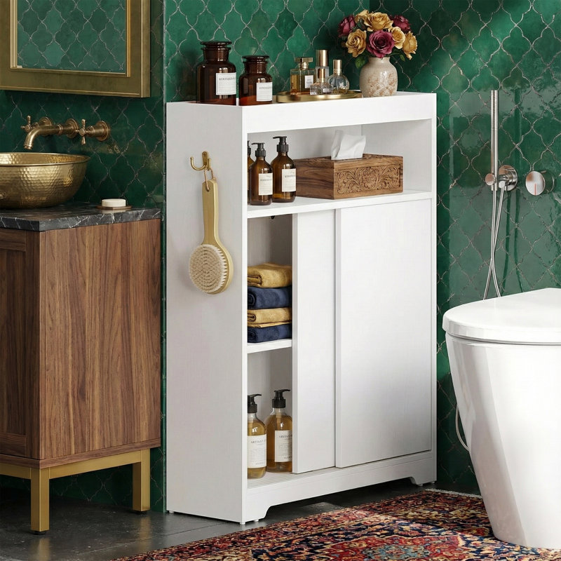 Armoire de rangement mince pour salle de bain l 24 po avec porte coulissante et porte-papier hygiénique, blanc, Blanc