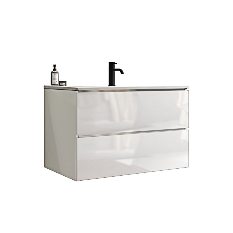 Meuble-lavabo mural brillant avec lavabo en céramique et trou unique, 30", Blanc lustré