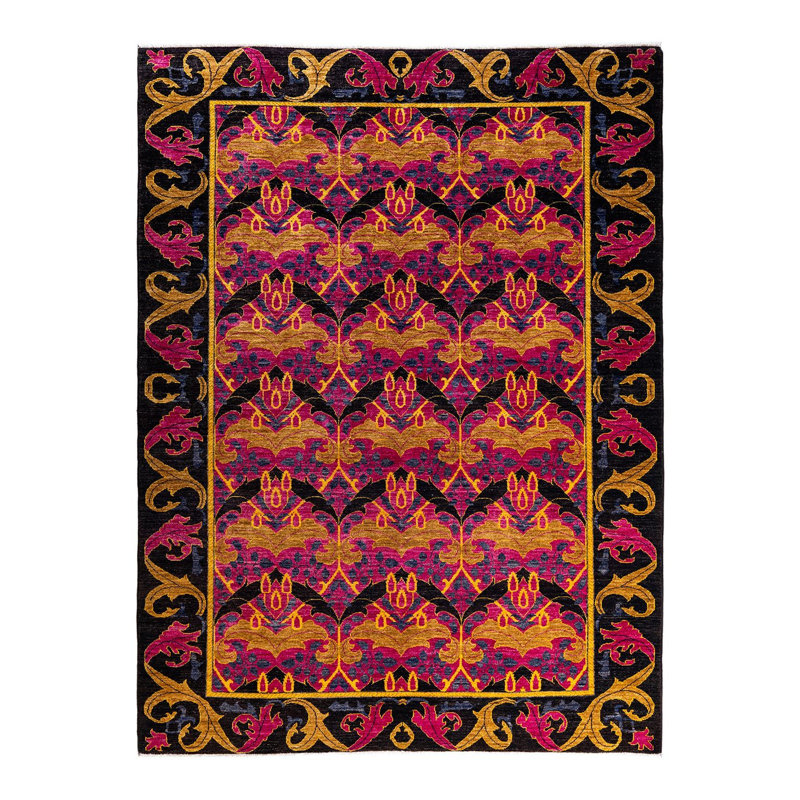 Tapis noir noué à la main de conception unique 6 pi 3 po x 8 pi 9 po Arts & Crafts