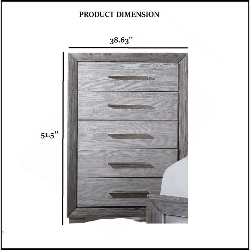 1pc Commode de style transitionnel, pieds en métal, glissières à billes, poignées de bar, finition grise