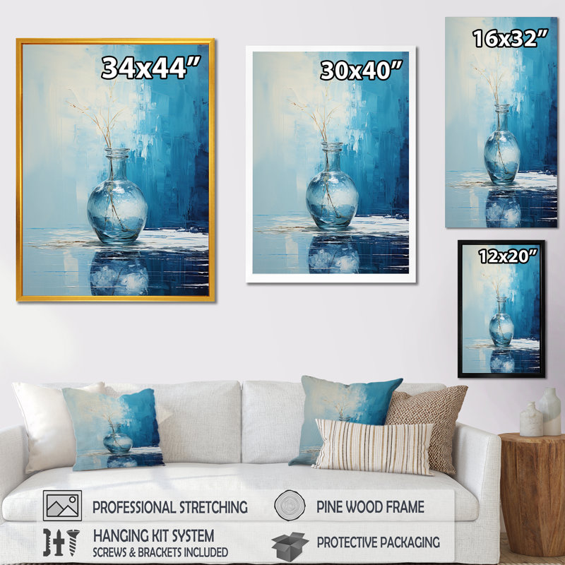 Vase de poterie bleu et blanc Boho, H 20 po x l 12 po x P 1 po, Cadre simple noir