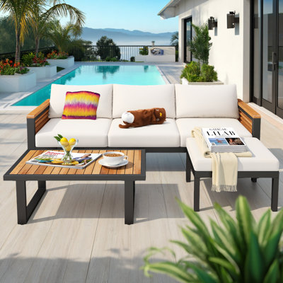Outdoor 3-Piece Acacia Wood and Metal Patio Sofa Set - Waterproof Cushions, Industrial Design (74"L), Beige/Teak/Black Color Scheme