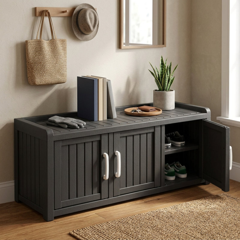 47" Outdoor Shoe Storage Cabinet With 3 Doors, Waterproof Uv-Resistant Resin Bench, Black