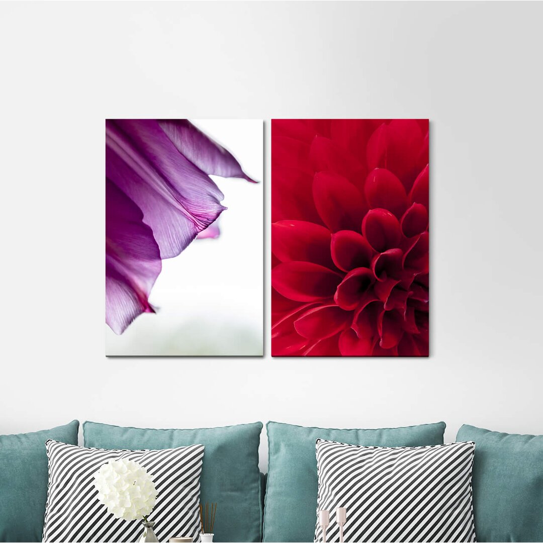 2-tlg. Leinwandbilder-Set - Grafikdruck „Dahlia Red Blossom Orchid Violet Summer Harmony”