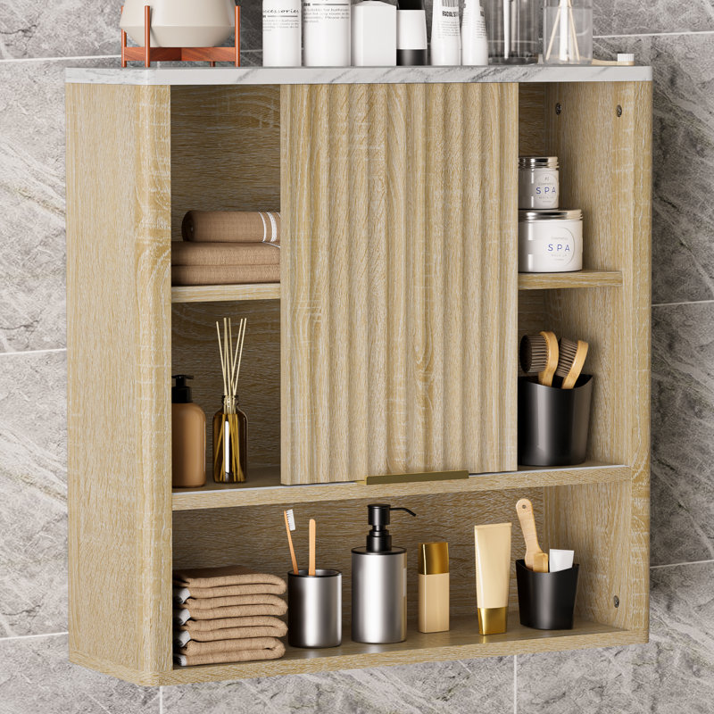 Armoire murale ondulée Wave avec porte coulissante et tablette réglable, Chêne