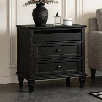 28" Wood Nightstand with Charging Station, Farmhouse Bedside Table with 3 Drawers, USB & Type-C Ports, Storage End Table for Bedroom Living Room Office