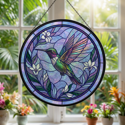 Hummingbird Floral Stained Glass Window Panel