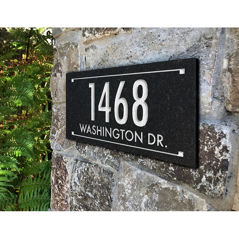 Black Granite Rectangle Futura Engraved 2-Line Address Sign, White, Yes