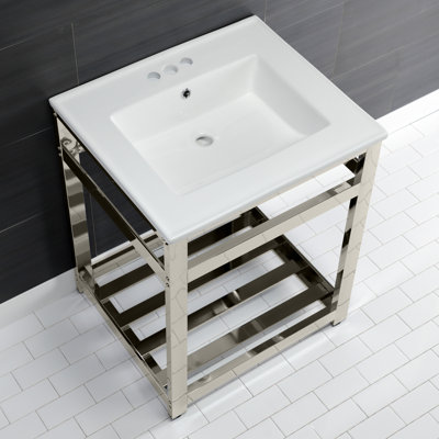 Kingston Brass Quadras 25-Inch Ceramic Console Sink with Stainless Steel Base and Shelf
