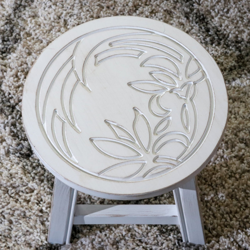 Carved Wooden Step Stool, Floral, Antique White
