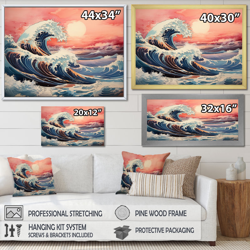 Impression sur toile, chef-d'œuvre rose «The Great Wave Of Kanagawa I», H 24 po x l 32 po x P 1 po, Cadre flottant blanc