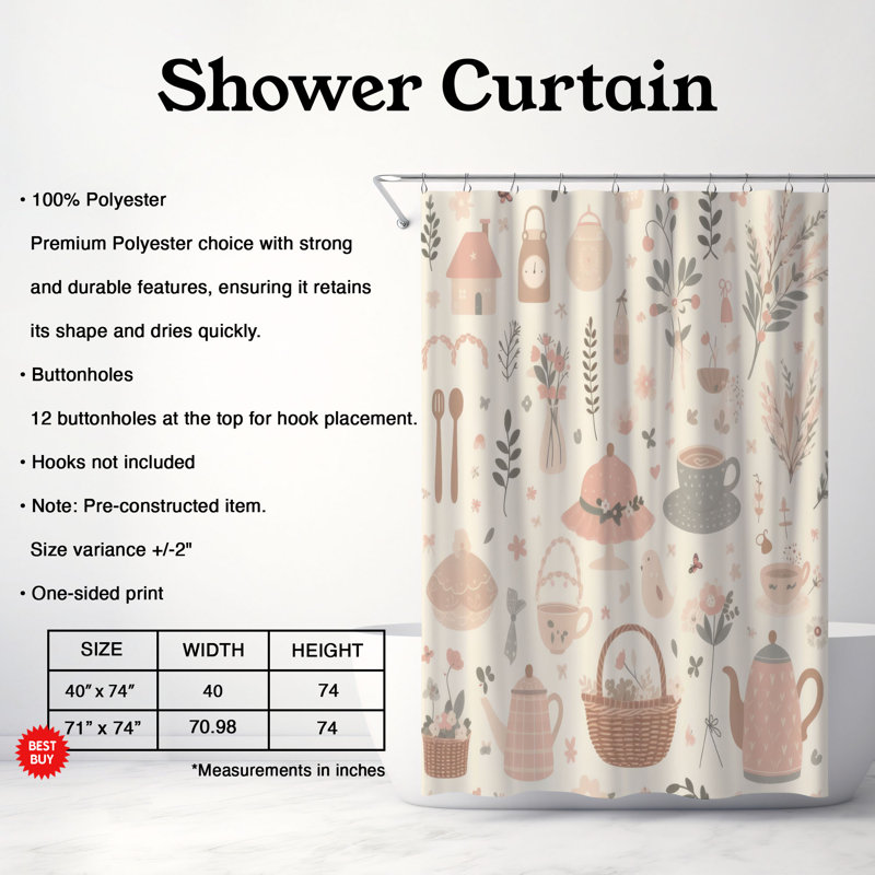 Rideau de douche standard 1 pièce Cottagecore Whimsy, H 74 po x l 71 po