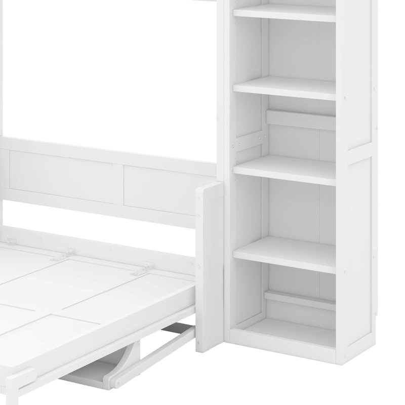 Lit escamotable double avec bureau et bibliothèque, Blanc, Double
