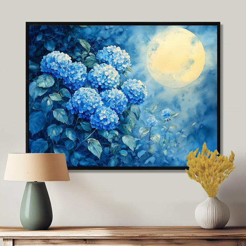 Hortensias sous le clair de lune II - hydrangées, art mural, 12" H x 20" W, Impression sur cadre flottant, Noir