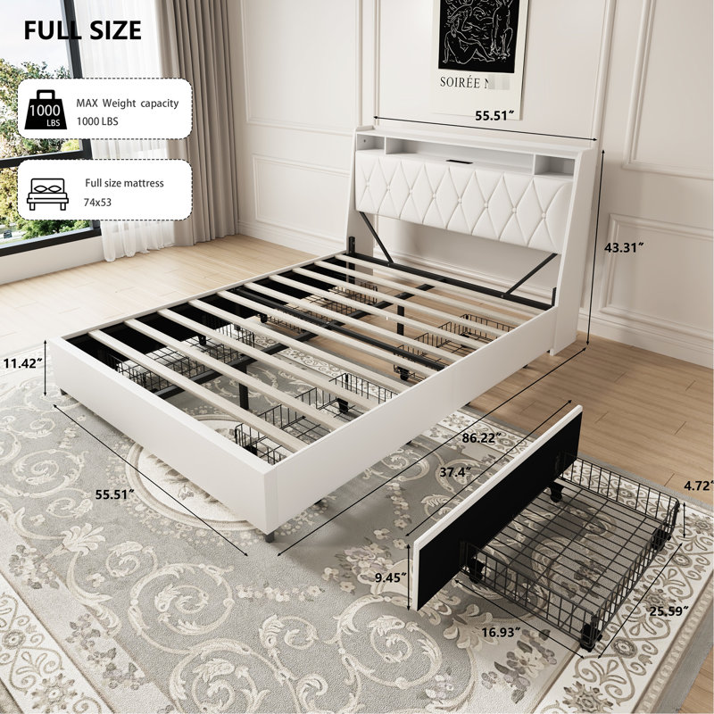 Structure de lit double avec rangement et tête de lit, prises de courant faciles à installer, silencieuse, sans sommier, prises de courant ergonomiques en métal blanc, sommeil silencieux, essentiel