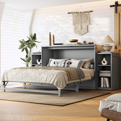 Grand lit gris, avec tiroirs et tablettes spacieux, parfait pour les chambres compactes Lit gris, chambres en bois de pin