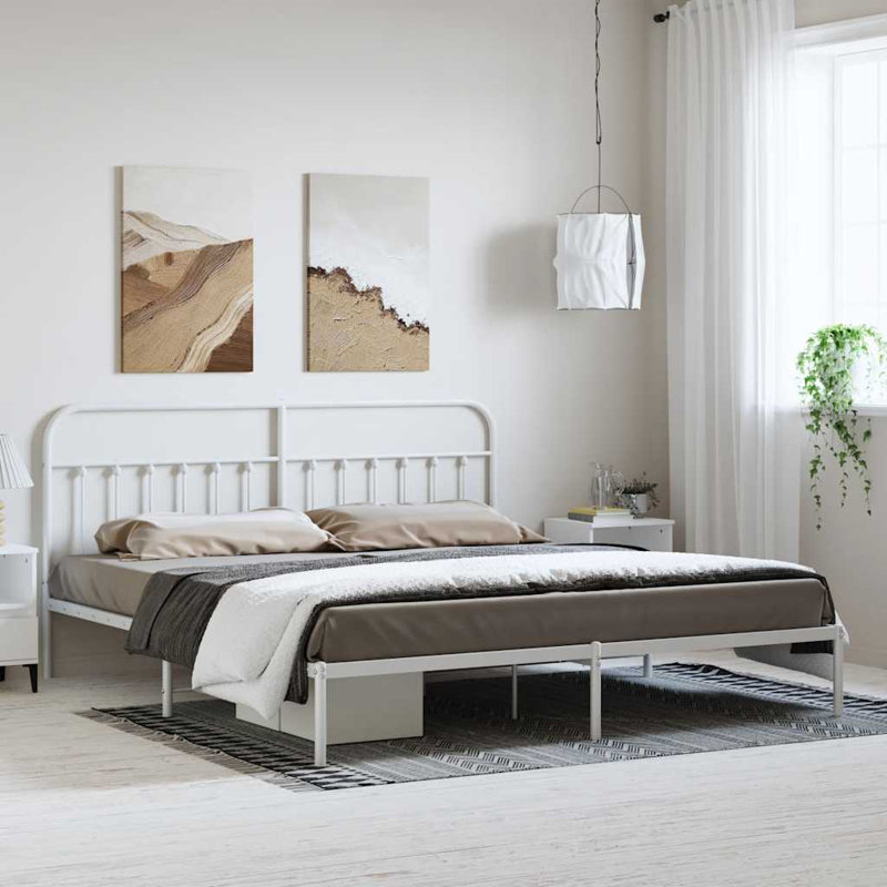 Structure de lit en métal avec tête de lit et lattes Briandra, sans matelas, assemblage facile, Double, Blanc