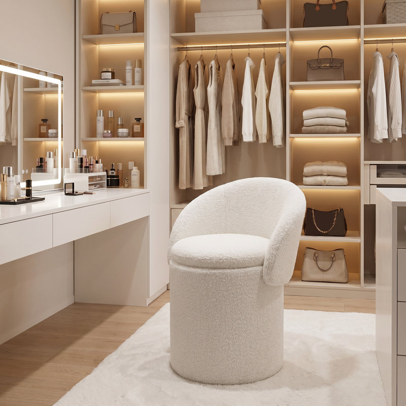 Chaise de coiffeuse en fausse fourrure avec rangement, siège rembourré en fourrure, chaises multifonctionnelles modernes pour le maquillage, chambre blanche