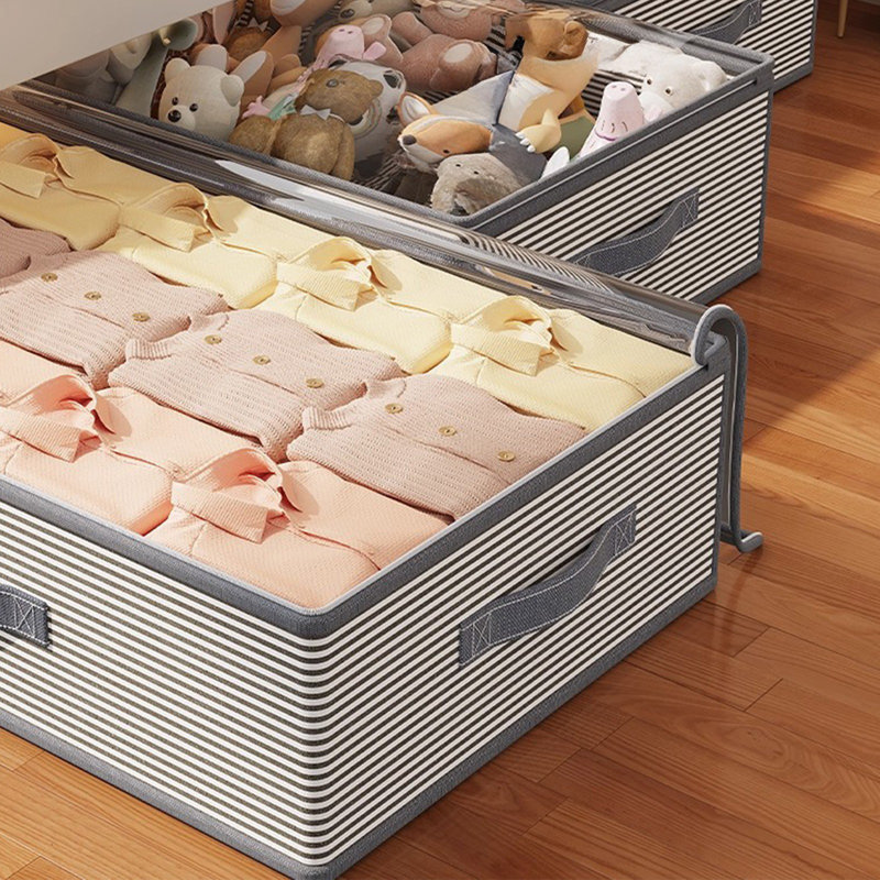 Large Striped Under Bed Storage Bag Household Organizer Moistureproof Foldable Storage Box For Clothes Blankets Bedding Space Saving Home Use