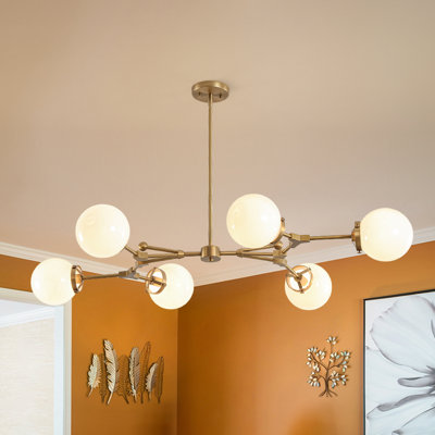 Mid-Century 6-Light Opal Glossy Glass Branch Linear Chandelier
