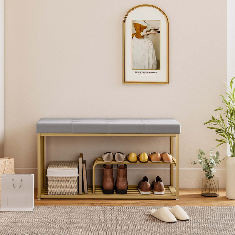 8 Pair Shoe Storage Bench, Gray/Gold