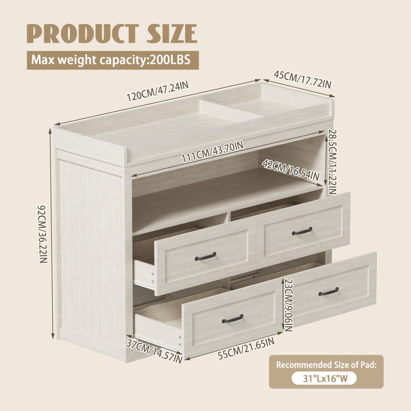 Commode double 4 tiroirs 47,24 ", commode 4 tiroirs en bois