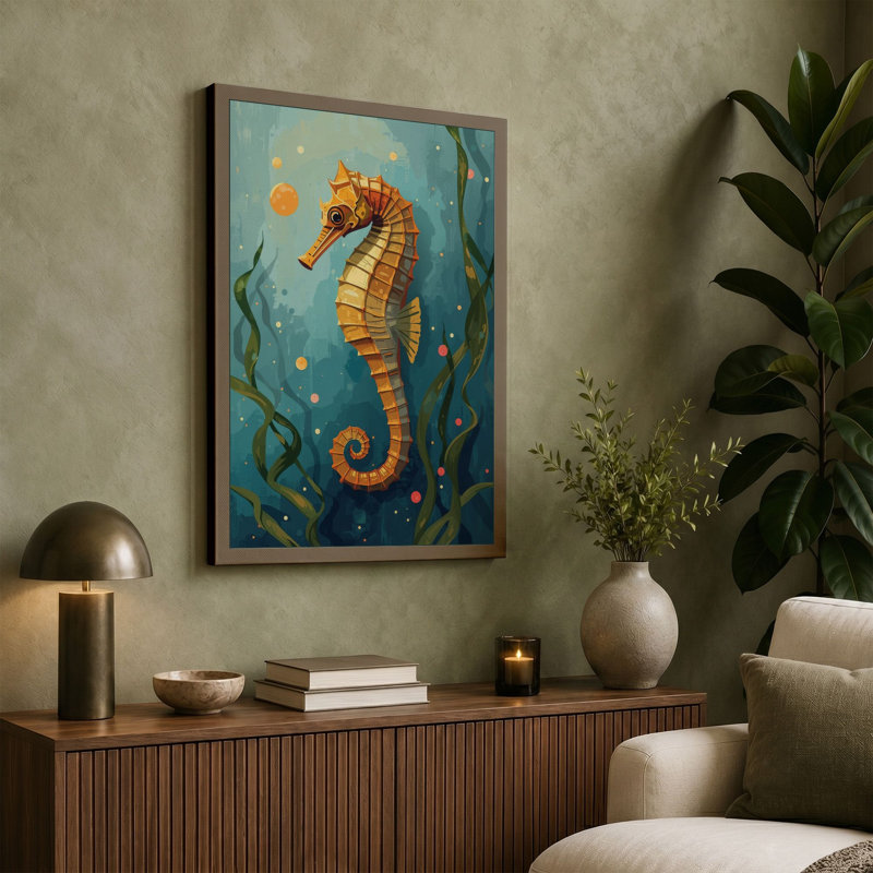 Striped Seahorse Coastal - Wrapped Canvas, 24x16 - 61.0 x 40.6 cm, Terracotta Border