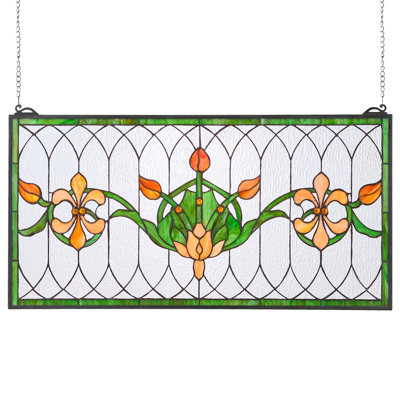 Stained Glass Window Panel, 32 X 17 In, Tiffany Style Hanging Transom Window Panel With Chain, Large Horizontal Rectangle Stain Glass, Vintage Traditional Art Handcrafts For Kitchen Home Decor