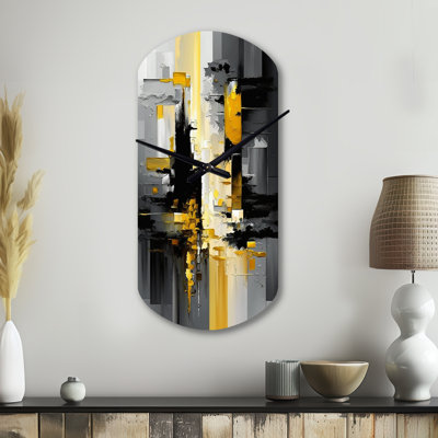 Dessia abstrait géométrique noir et jaune V - horloge murale cylindrique en métal, horloge murale asymétrique moderne