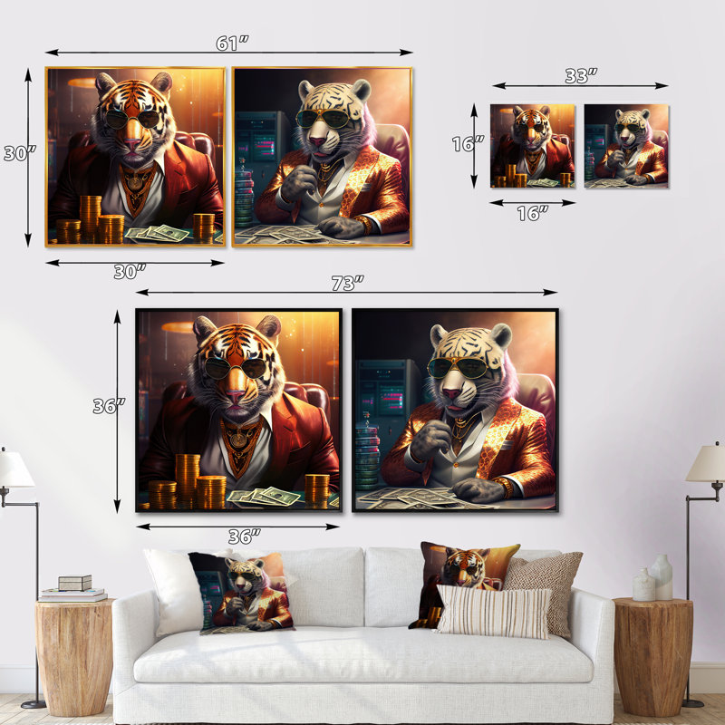Tigre élégant jouant - ensemble de 2 animaux carrés, H 16 po x l 33 po, Toile tendue