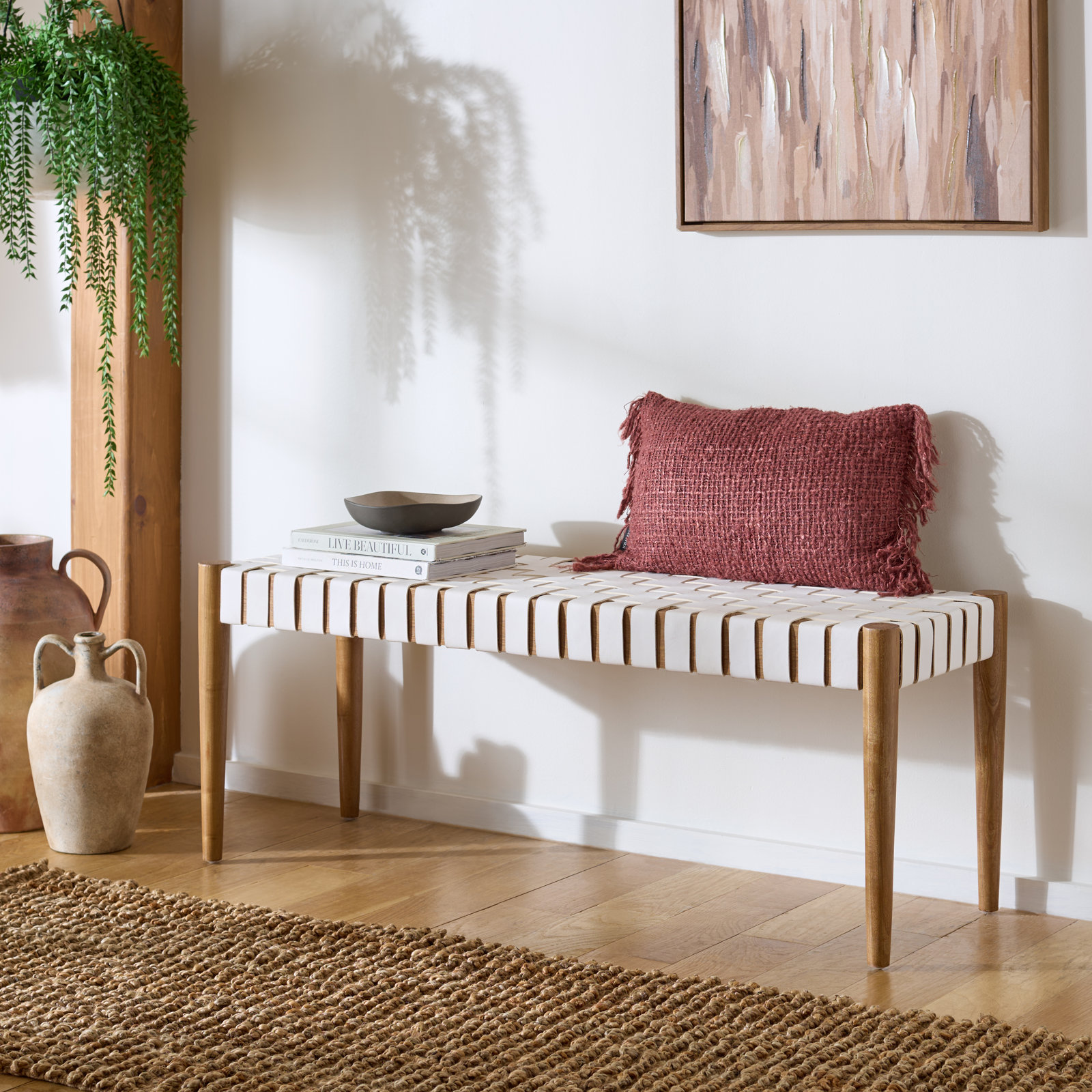 Orin 47" Woven Leather Dining Bench, White Faux Leather