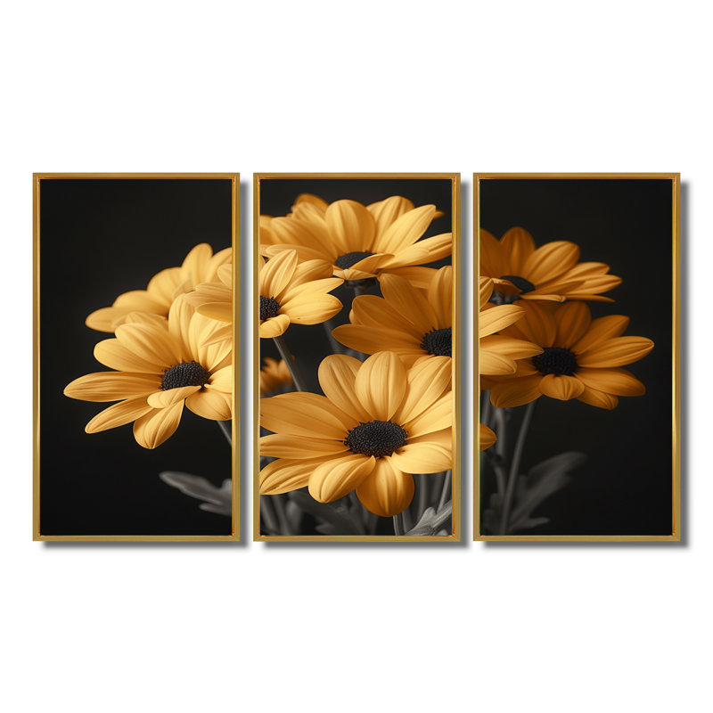 «Yellow Mums», art mural jaune, H 32 po x l 48 po x P 1 po, Toile avec cadre flottant or