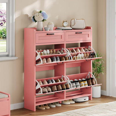 Shoe Cabinet with 4 Flip Drawers & 2 Top Drawers, Wooden Shoe Organizer Cabinet with Adjustable Shelf, Freestanding Shoe Storage Cabinets