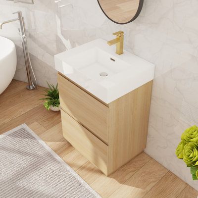 24" Single Freestanding Bathroom Vanity Set, Floor Standing Vanity With Resin Basin Sink Top, 2 Drawers