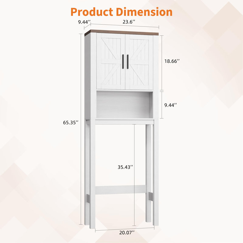 Freestanding 65"H Over Toilet Storage Cabinet with Adjustable Shelf and Barn Doors for Bathroom, White/Black