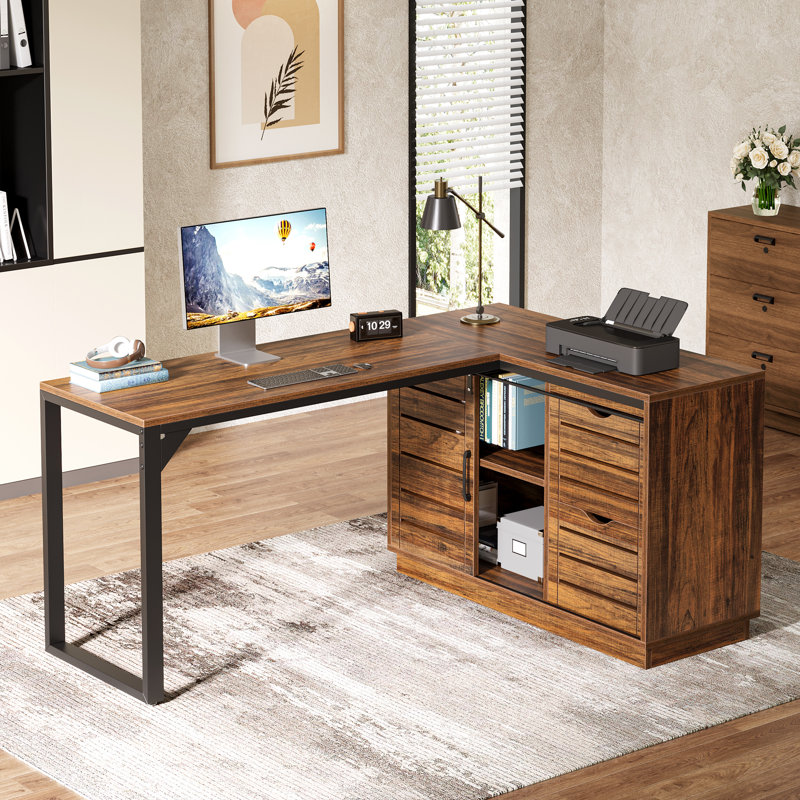 L-Shaped Computer Desk With File Drawers, 55 Inches Corner L-Shaped Office Desk With Sliding Doors