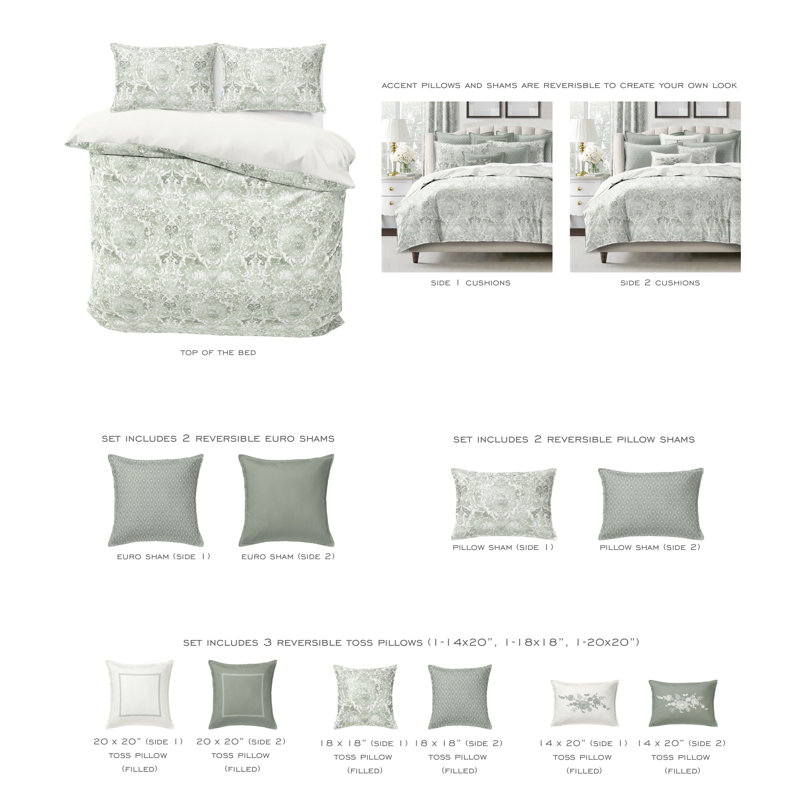 Savannah Cotton Duvet Cover Set 8 Piece, Sage, King Duvet Cover + 7 Additional Pieces