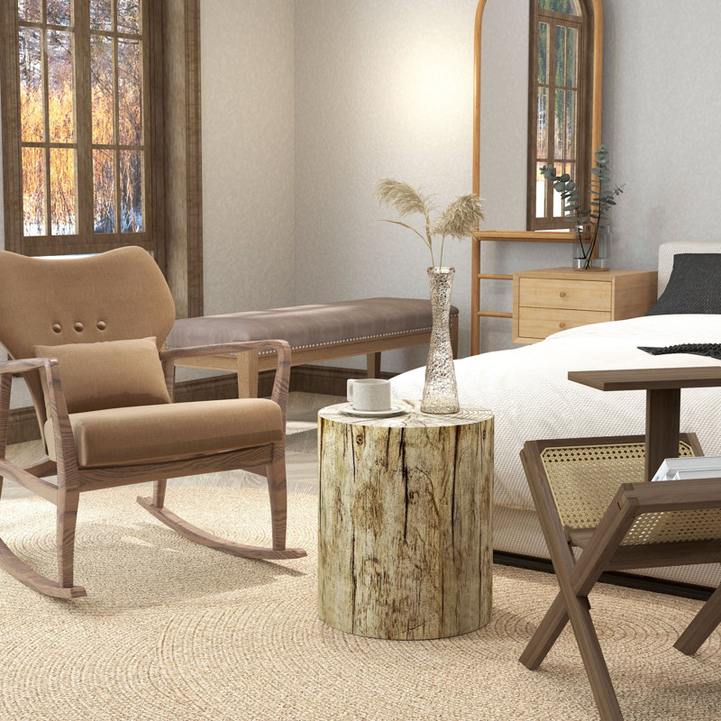 Tabouret de souche d'arbre, table d'appoint décorative avec plateau rond, table de bout en béton avec finition grain de bois pour l'intérieur et l'extérieur