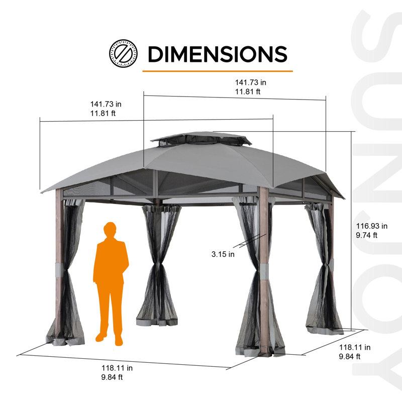 Sunjoy 12 x 12 ft. Gazebo with 2-Tier Canopy Roof, Outdoor Backyard Steel Frame Soft Top Gazebo with Ceiling Hook and Mesh Netting