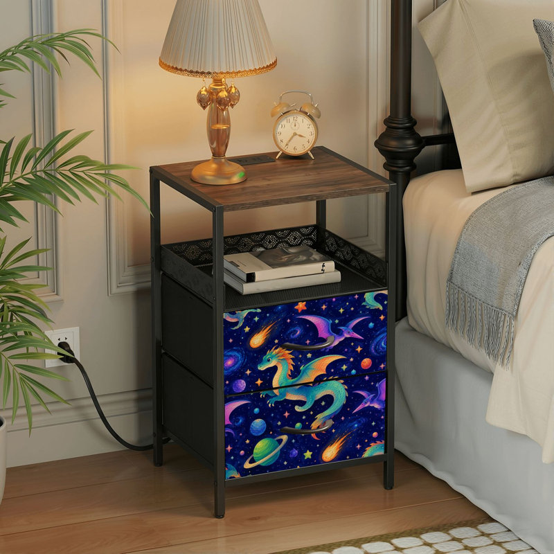 Table de chevet 2 tiroirs avec station de charge, table de chevet pour chambre avec ports USB et amp; Outlets, tablette ouverte noire, table de chevet avec imprimé mignon de dinosaure ptérodactyle coloré