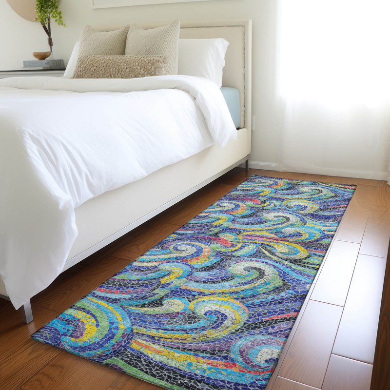 Premium Machine Washable Mayfield AMF193 Abstract Rug, Ocean, 2'3" x 7'6" Runner