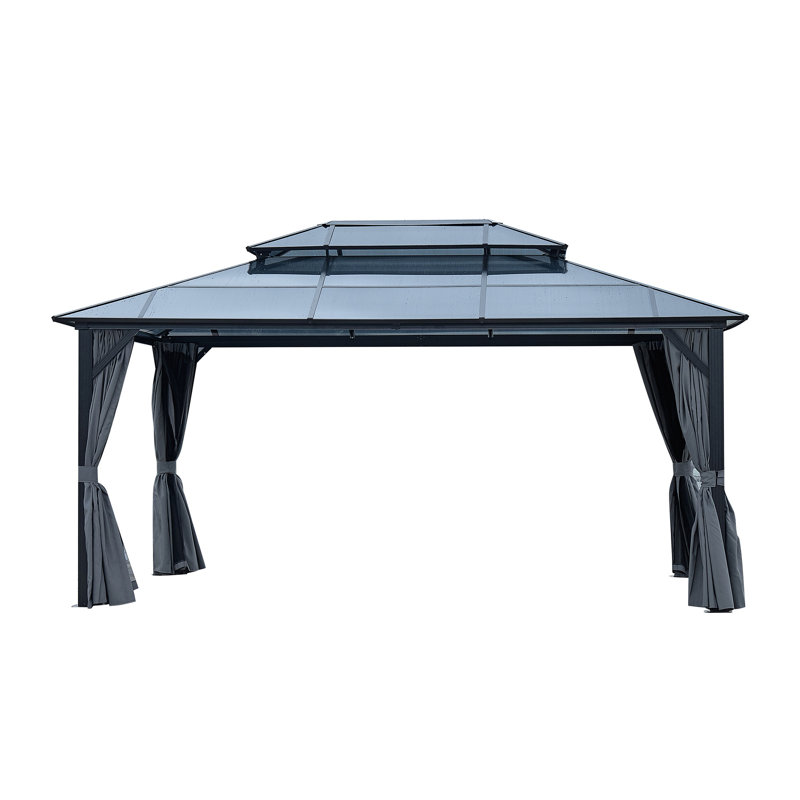 Pavillon de jardin en polycarbonate 12 pi x 16 pi à double toit en polycarbonate pour l'extérieur, pavillon permanent avec filet et rideaux pour les pelouses de jardin