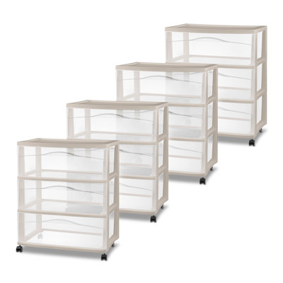 Sterilite Wide 3 Drawer Storage Cart, Plastic Rolling Organization, Grey, 4 Pack