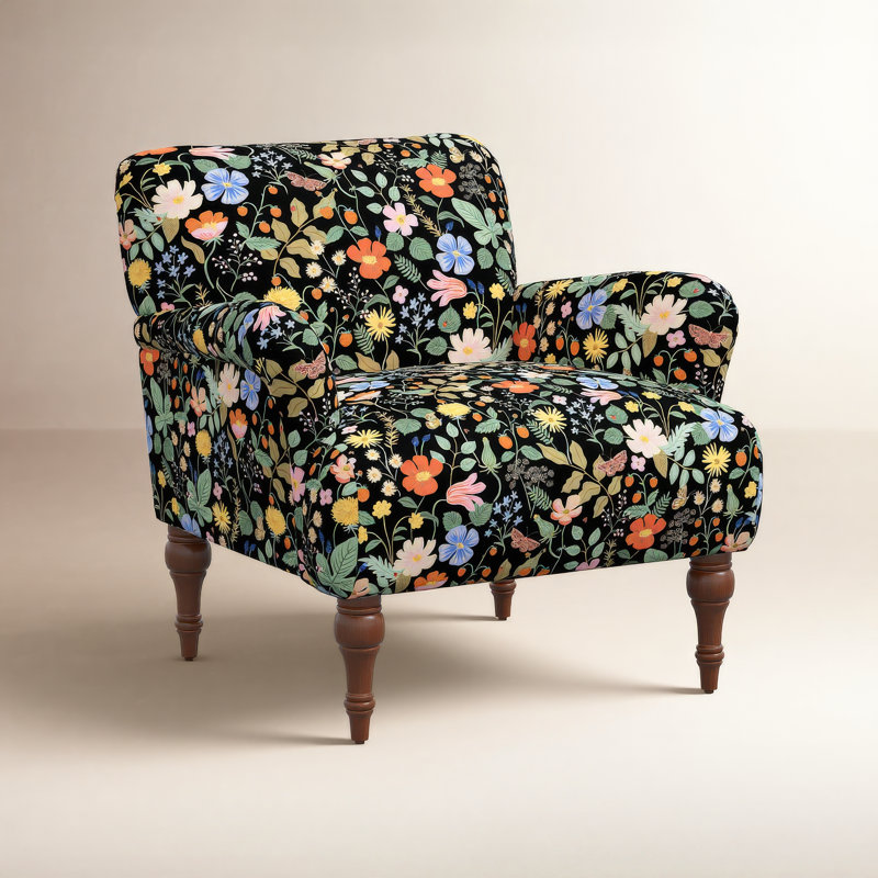 Rifle Paper Co. x Cloth & Company Bristol Armchair, Rpc Stawberry Fields Black Linen, Espresso