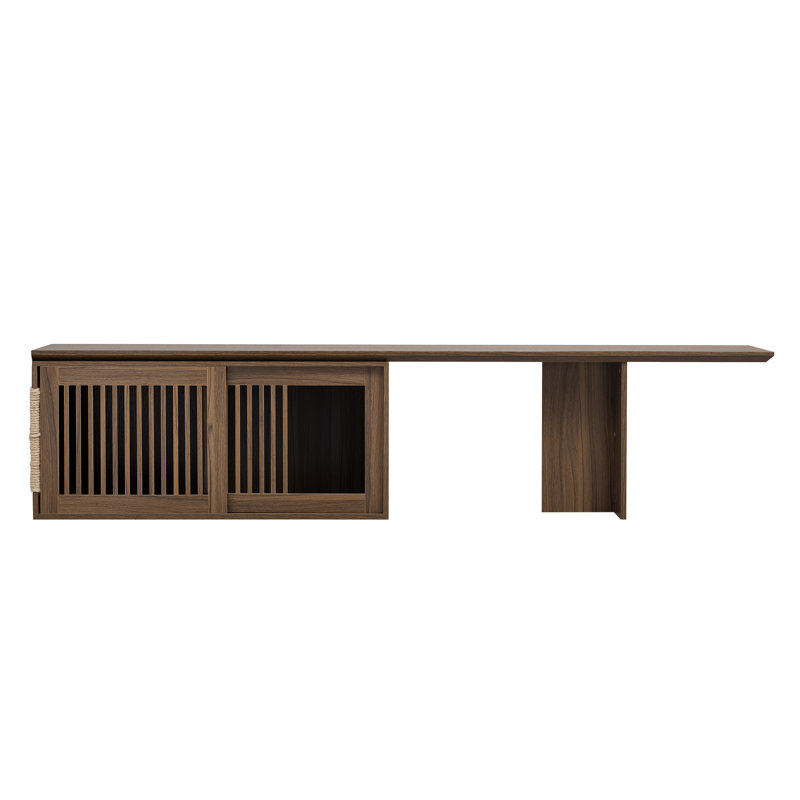 Meuble audio-vidéo style Mid-Century en noyer avec surface extensible et coussins de chat