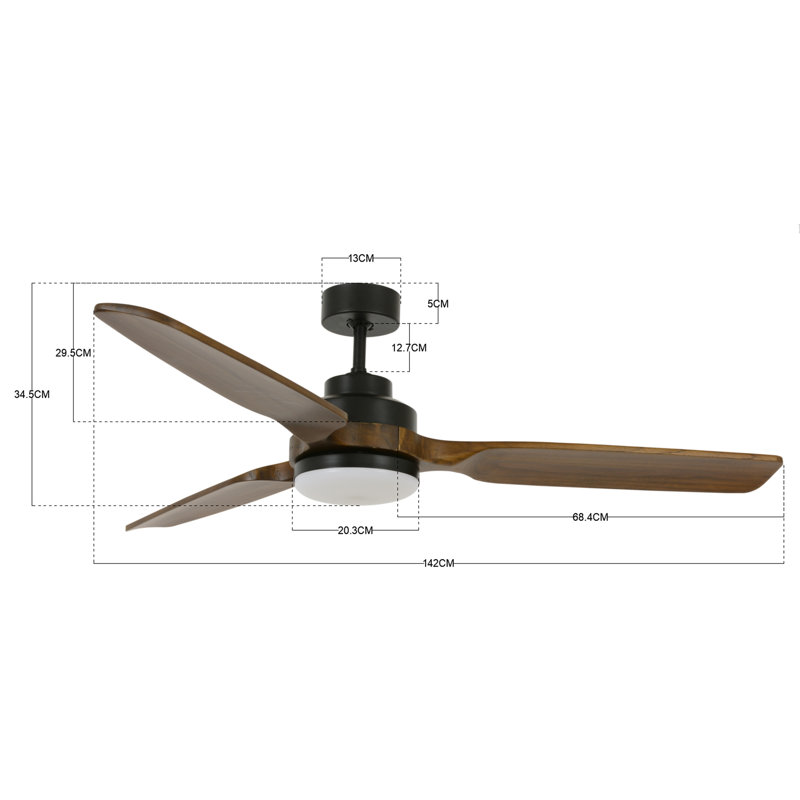 Adilet 142cm Ceiling Fan with Light Kit, Black with Brown Blades