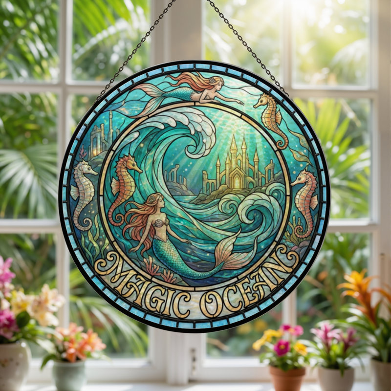 Panneau de vitrail 12 po H Mermaid Ocean, H 12 po x l 12 po