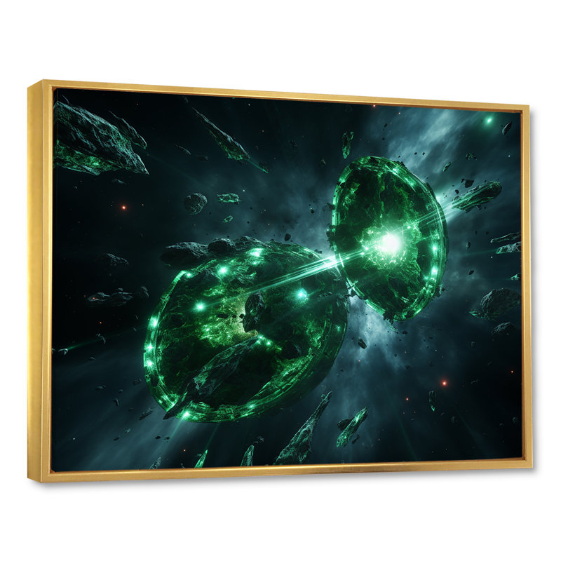 «Green and White Cosmos Explosion I», art mural de la planète espace, H 24 po x l 32 po x P 1 po, Cadre flottant doré