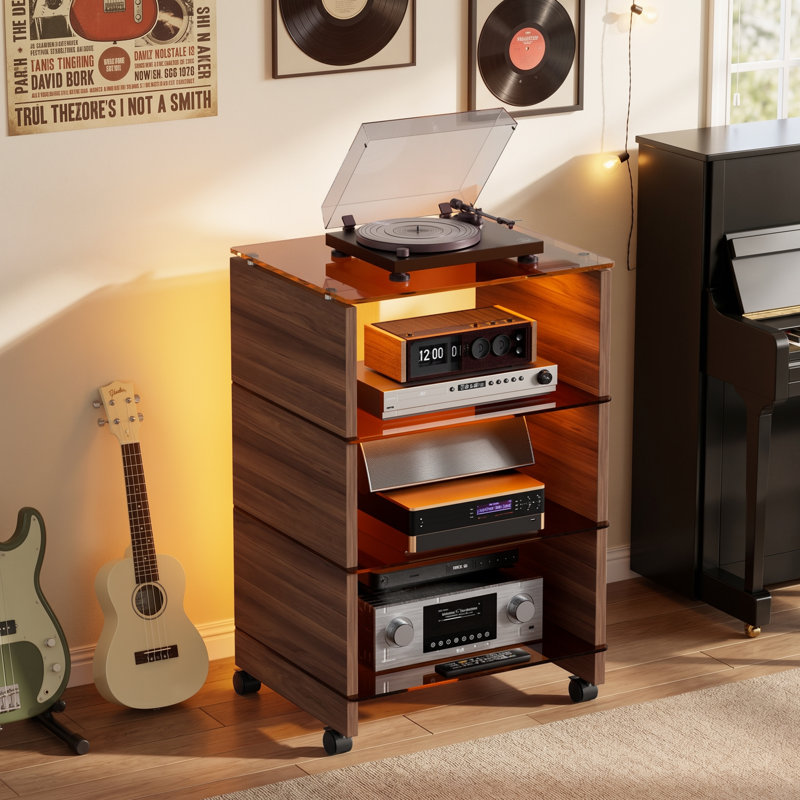 Tour à 4 niveaux pour support audiovisuel, support audio Hi-Fi avec roulettes verrouillables, lumières DEL et tablettes ouvertes en verre trempé, support audio roulant pour centre de divertissement