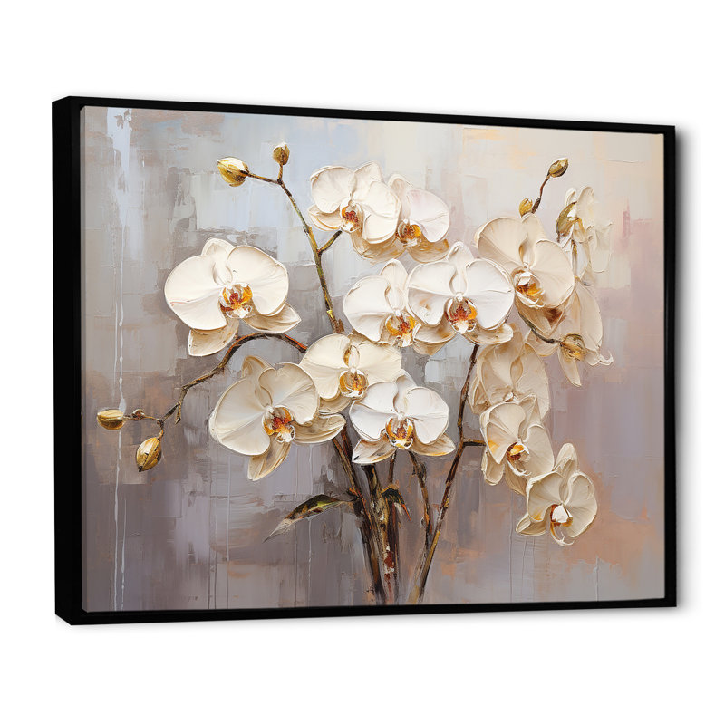 Minimalisme beige et orchidées dorées I sur toile, Cadre flottant noir, H 16 po x l 32 po x P 1 po